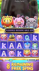 Plushie Frenzy · Tampilan layar pertama saat perayaan kemenangan dan status putaran ulang.